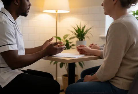 Un thérapeute explique une séance de réflexologie à un client assis sur une table dans un cadre lumineux avec des plantes.