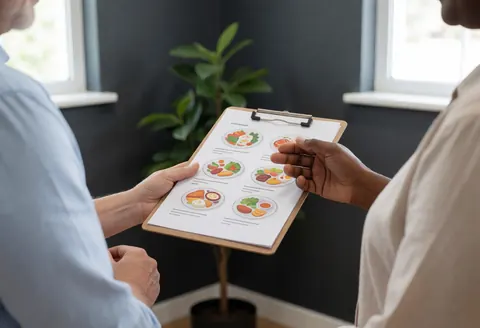 Un entraîneur de fitness montre un plan alimentaire à son client dans un bureau aux murs sombres avec une plante.