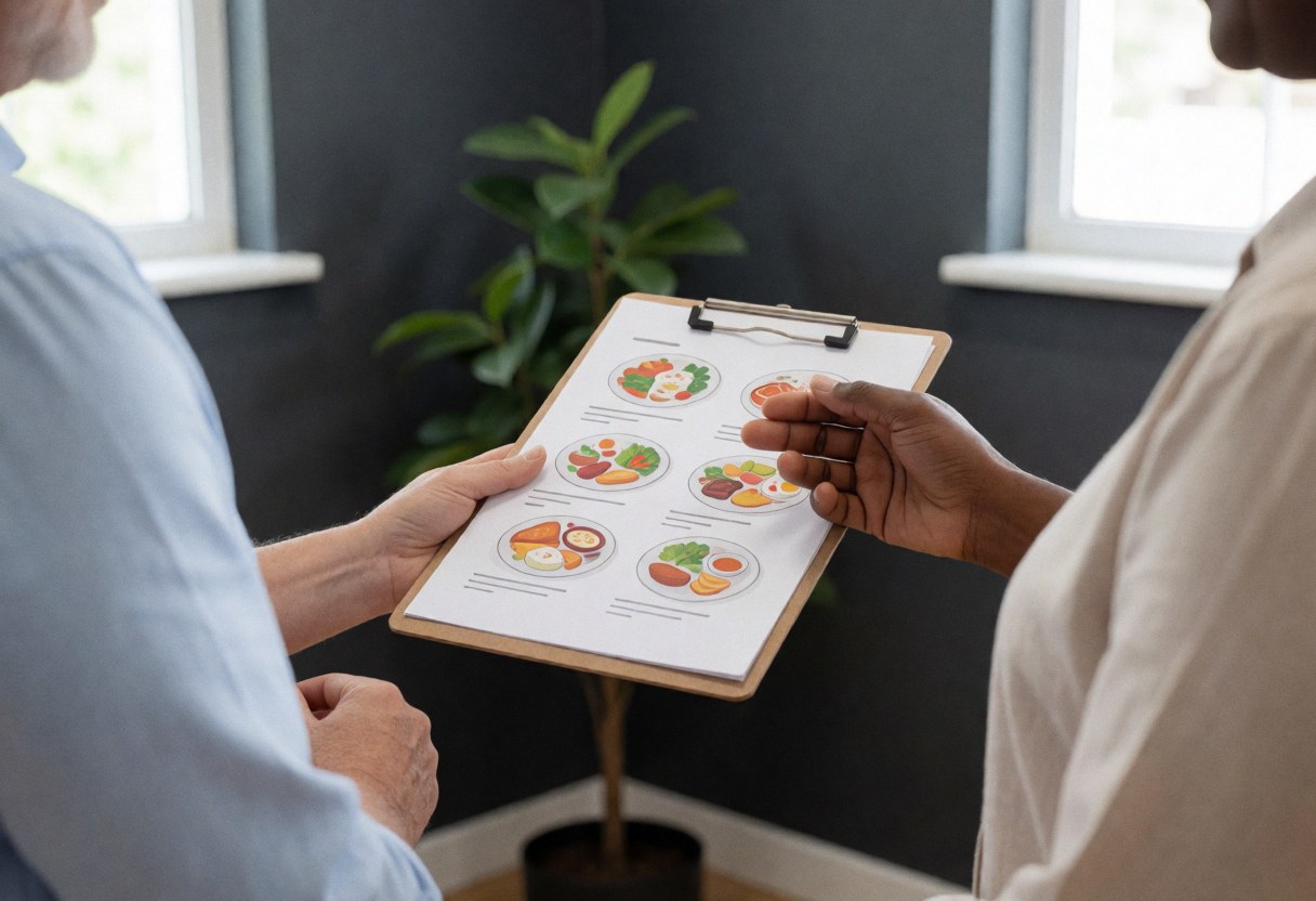 Un entraîneur de fitness montre un plan alimentaire à son client dans un bureau aux murs sombres avec une plante.
