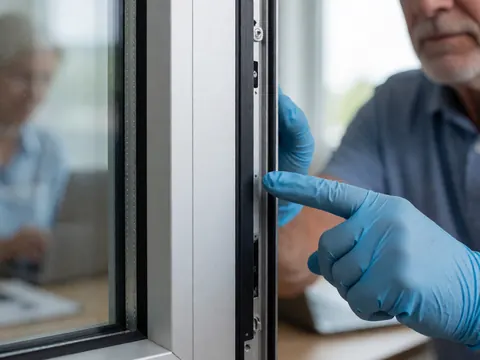Détail d'une fenêtre en aluminium avec bande isolante noire, une main portant un gant bleu indique le profil, idéal pour les entreprises d'installation de fenêtres.