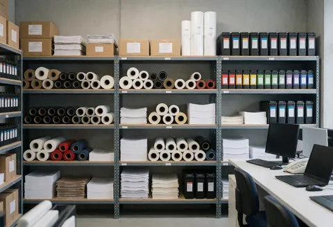 Entrepôt d'impression comportant des étagères métalliques remplies de rouleaux de vinyle, de bobines d'encre et de papier, sur fond de murs en béton avec une bonne illumination.