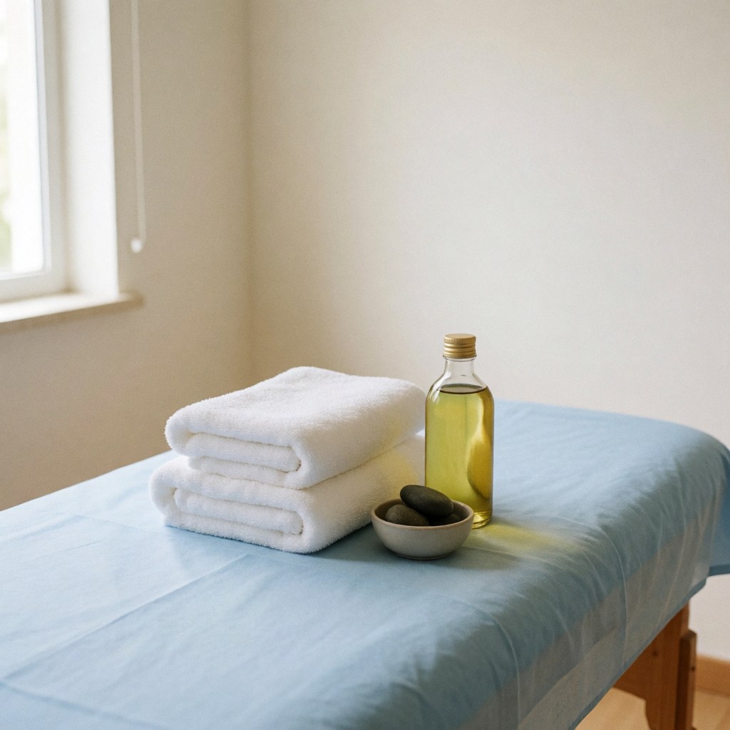 Table de massage recouverte d'une housse bleu clair, avec serviettes blanches, bouteille d'huile et tasse de pierres chaudes dans une pièce aux murs blancs.