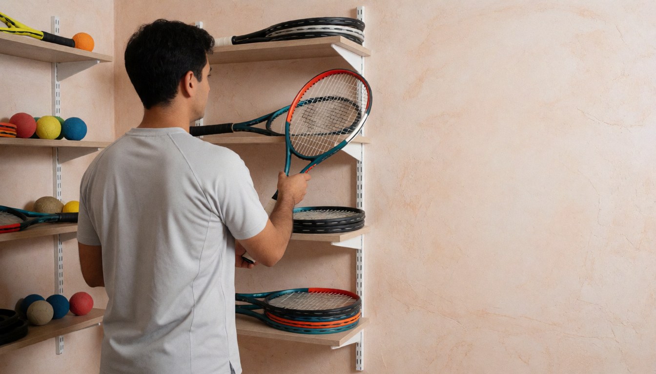 Un instructeur de tennis sélectionne une raquette d'entraînement bleue et rouge sur une étagère dans un magasin.