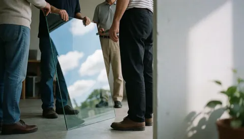 Des ouvriers posent un grand panneau de verre trempé dans un intérieur au sol en béton, reflétant le ciel bleu et les nuages blancs.
