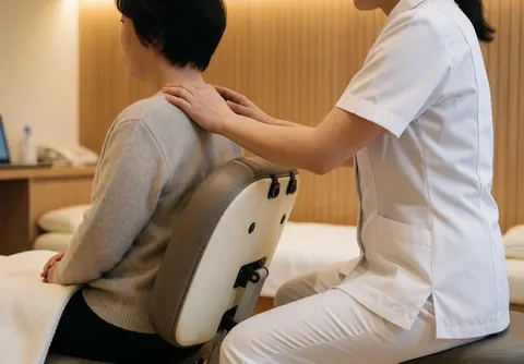 Un thérapeute en uniforme blanc effectue un massage du cou sur un client assis dans un salon de spa aux murs clairs.