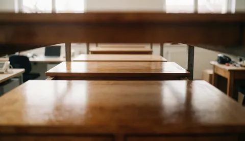 Des tables en bois poli dans un atelier de menuiserie avec une lumière naturelle, idéal pour servir de fond à du texte.