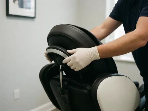 Des mains portant des gants ajustent l'assise d'une chaise de massage professionnelle dans un salon aux murs gris et à l'éclairage clinique.