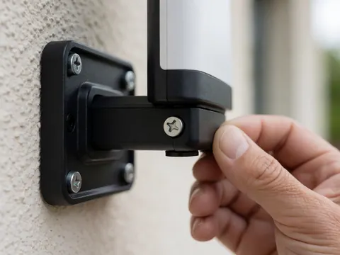 Gros plan d'une main serrant un écrou lors de l'installation professionnelle d'une antenne numérique sur un mur en stuc.