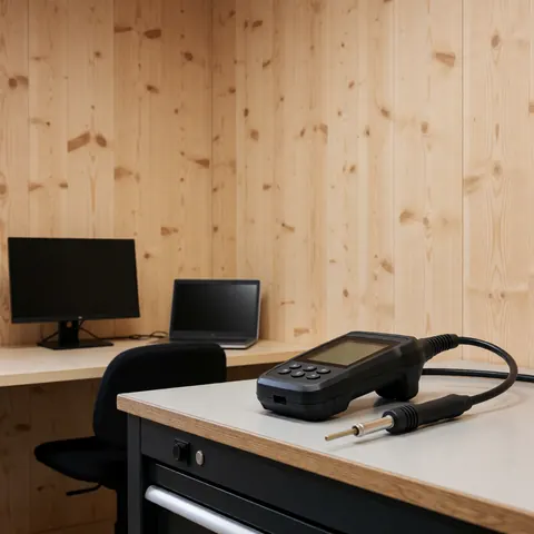 Détecteur de fuites de gaz professionnel posé sur une table de travail dans un atelier aux murs en bois clair, adapté aux services de réparation de chaudières.