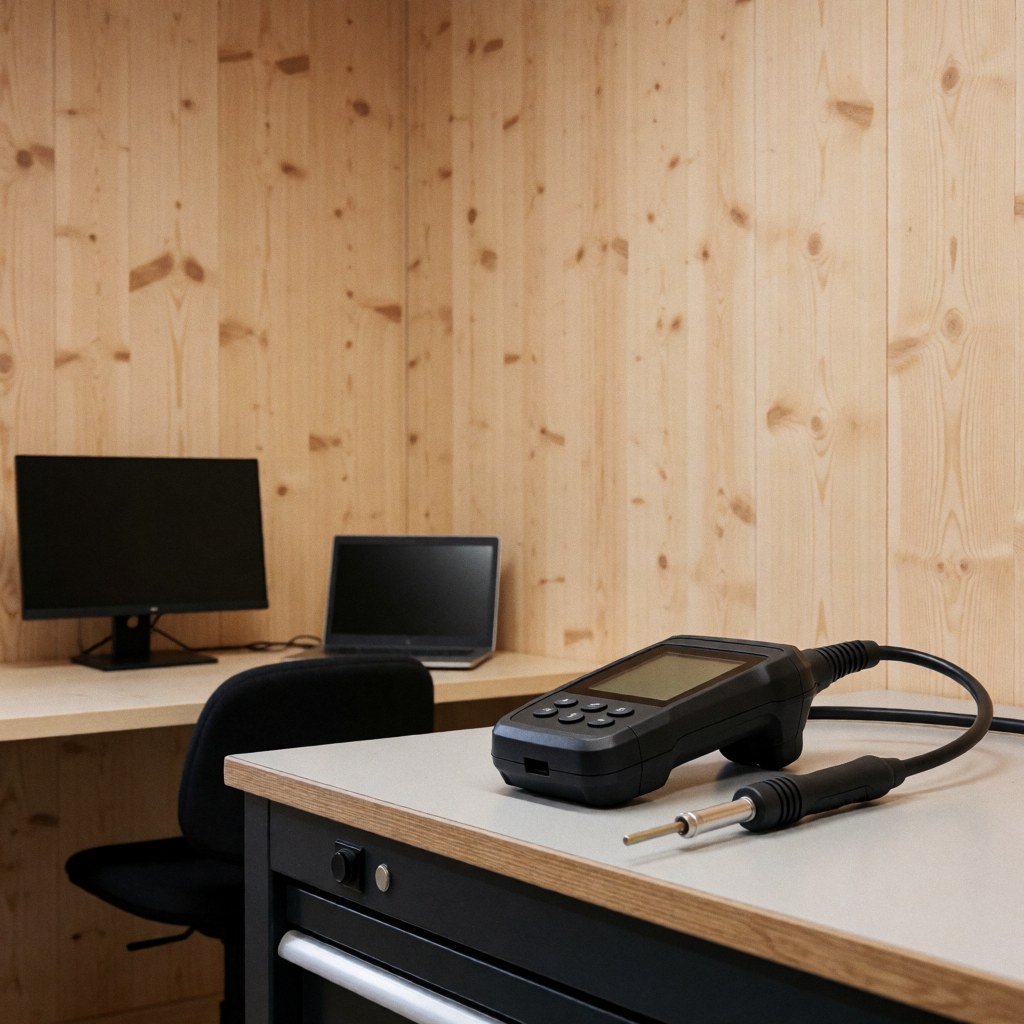 Détecteur de fuites de gaz professionnel posé sur une table de travail dans un atelier aux murs en bois clair, adapté aux services de réparation de chaudières.