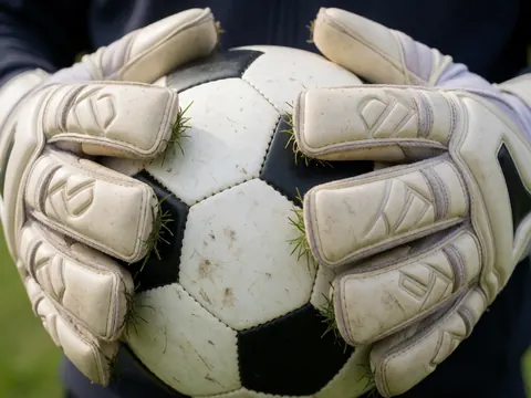 Gants de gardier de but couverts d'herbe et de saleté, tenant fermement un ballon de football sur un terrain de jeu pour l'entraînement.