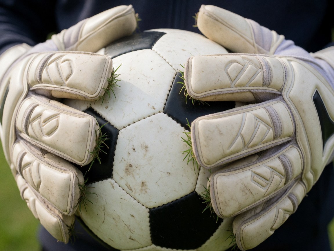 Gants de gardier de but couverts d'herbe et de saleté, tenant fermement un ballon de football sur un terrain de jeu pour l'entraînement.