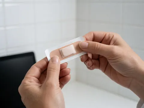 Une main retire un pansement adhésif de son emballage sur un fond de carreaux blancs, produit médical pour les premiers soins.
