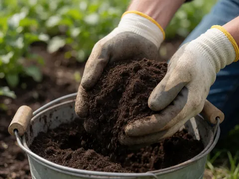 Des mains portant des gants de travail saisissent de la terre sombre dans un seau en métal, dans un jardin verdoyant, évoquant les services de jardinage professionnel.