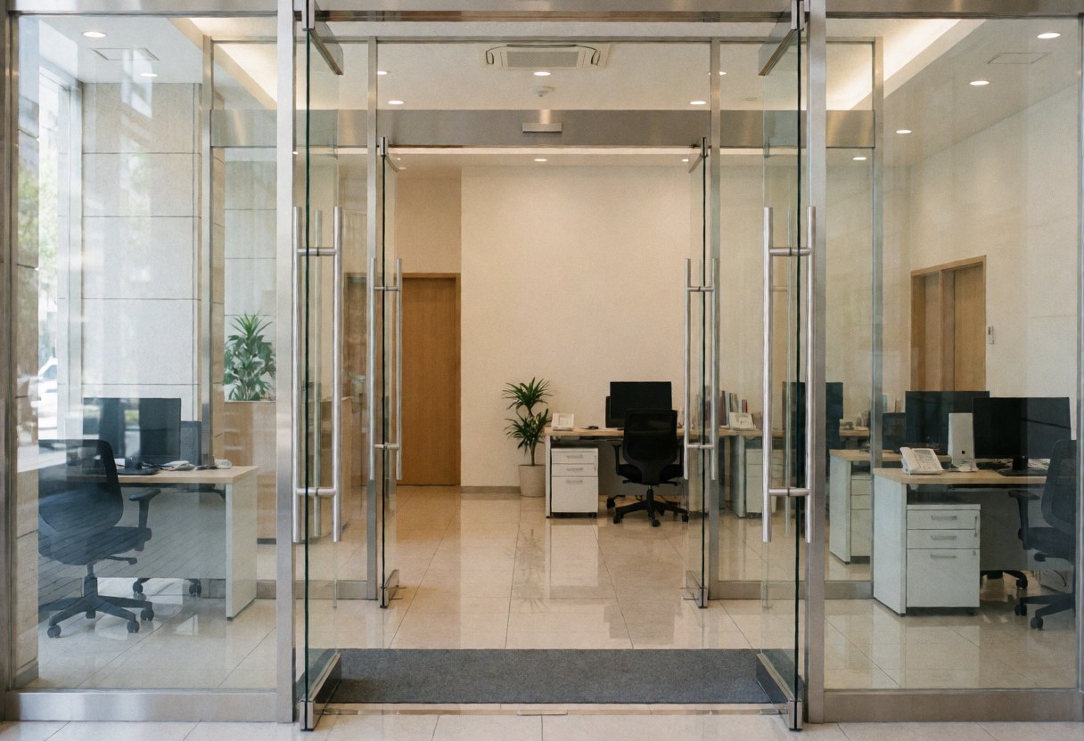 Entrée moderne de bureau avec portes en verre, sol poli et meubles épurés, idéal pour les services de nettoyage professionnel.
