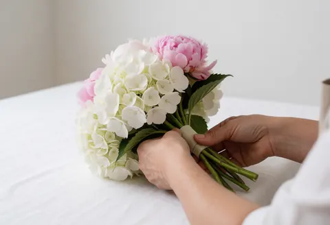 Des mains arrangent un bouquet de lierre blanc et de pivoines roses sur une table blanche dans une fleuristerie.