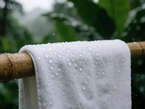 Serviette blanche humide avec des gouttes d'eau suspendues à une tige de bambou dans un environnement tropical verdoyant
