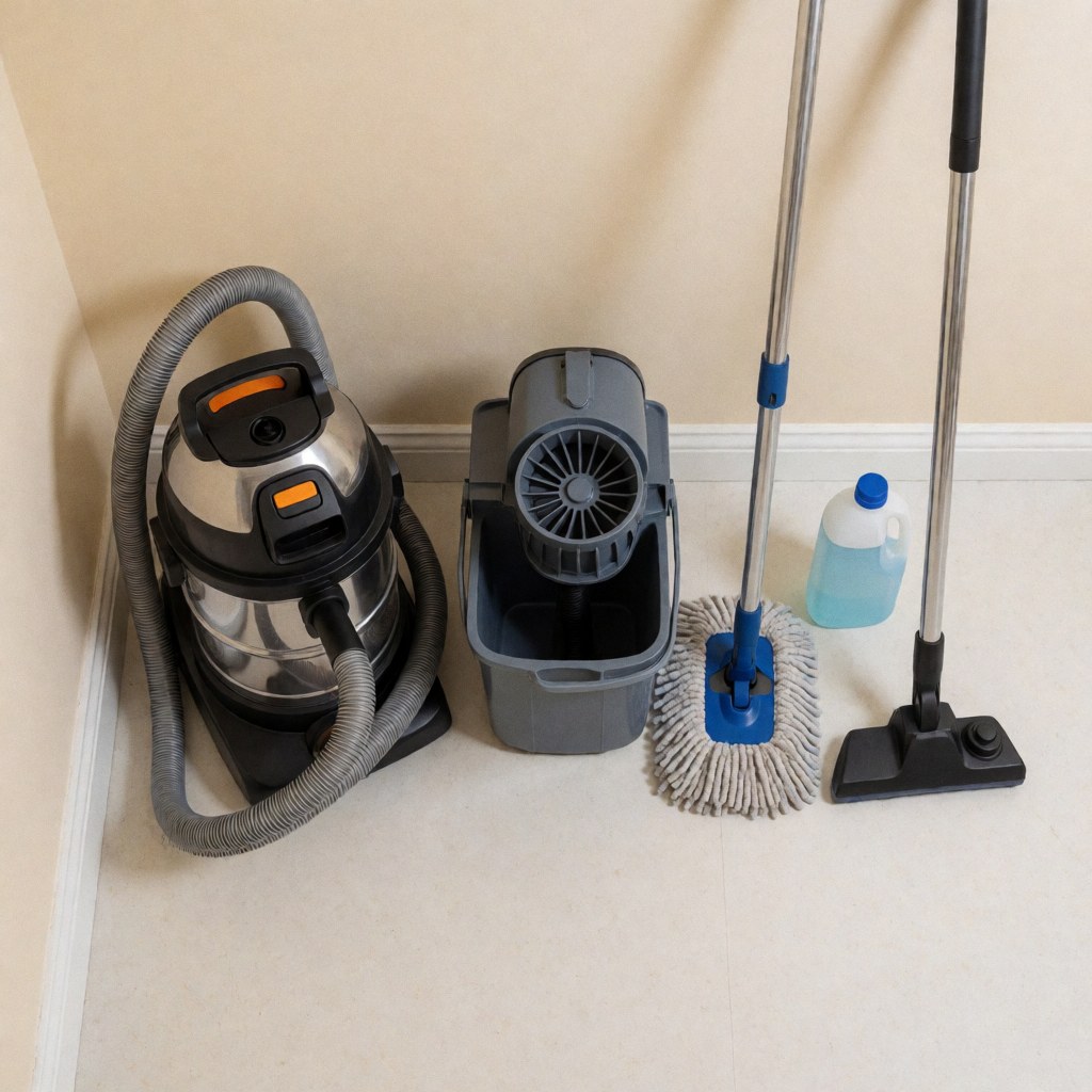 Une équipe de nettoyage professionnel effectue des travaux dans un appartement propre, équipée d'un aspirateur, d'un seau, d'une serpillère et d'une bouteille de produit nettoyant.