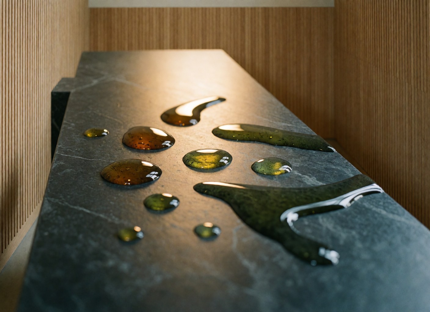 Gouttes d'huile ambrée et verte posées sur une surface de pierre sombre polie, dans un cadre spa avec murs en bois clair et éclairage chaleureux.