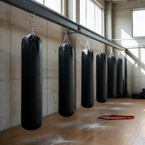 Des sacs de boxe noirs pendent à une barre métallique dans un gymnaste aux murs en béton et au sol en bois, idéal pour l'entraînement CrossFit.