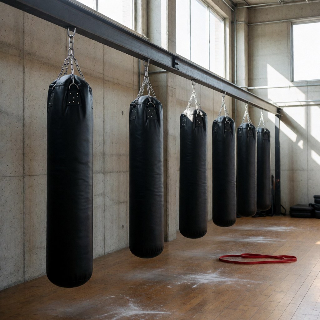 Des sacs de boxe noirs pendent à une barre métallique dans un gymnaste aux murs en béton et au sol en bois, idéal pour l'entraînement CrossFit.