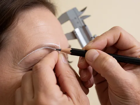 Une main professionnelle trace une ligne précise avec un crayon blanc pour le microblading, un calibreur métallique est visible en arrière-plan.