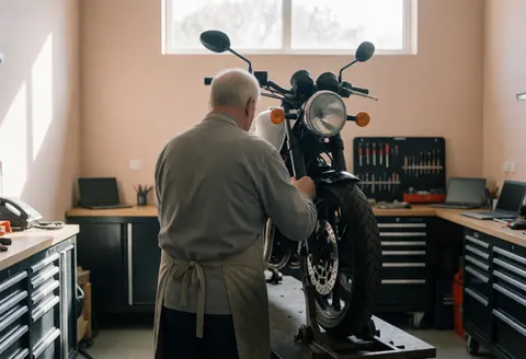 Mécanicien inspectant le système de freinage avant d'une motocyclette dans un atelier lumineux avec des outils bien rangés.