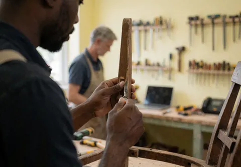 Un menuisier applique un fini protecteur sur une chaise en bois dans un atelier aux murs jaunes avec des outils suspendus au mur.