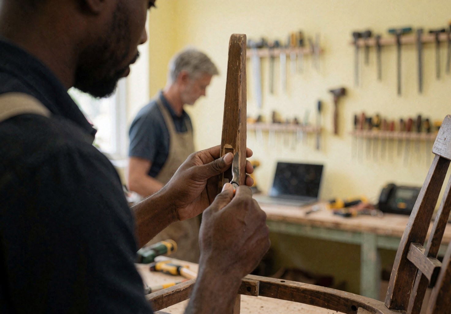 Un menuisier applique un fini protecteur sur une chaise en bois dans un atelier aux murs jaunes avec des outils suspendus au mur.