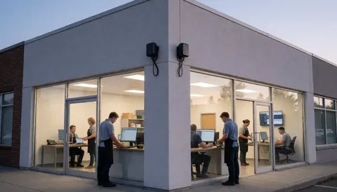 Façade d'un immeuble commercial moderne avec des personnes travaillant à l'intérieur, reflétant un environnement professionnel et sécurisé.