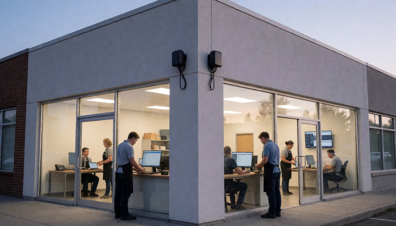 Façade d'un immeuble commercial moderne avec des personnes travaillant à l'intérieur, reflétant un environnement professionnel et sécurisé.