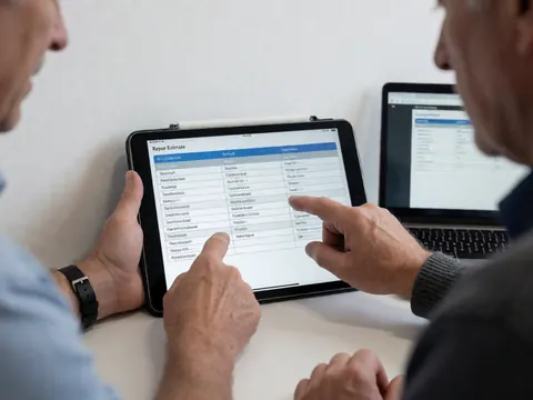 Deux mains indiquant un devis de réparation sur une tablette dans un atelier automobile avec un mur blanc et un ordinateur portable.