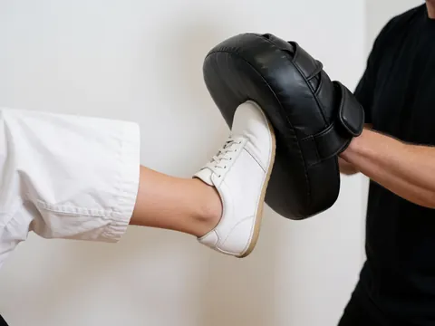 Un pied d'étudiant frappe un sac de frappe lors d'un entraînement, avec un mur blanc et une main tenant le sac.