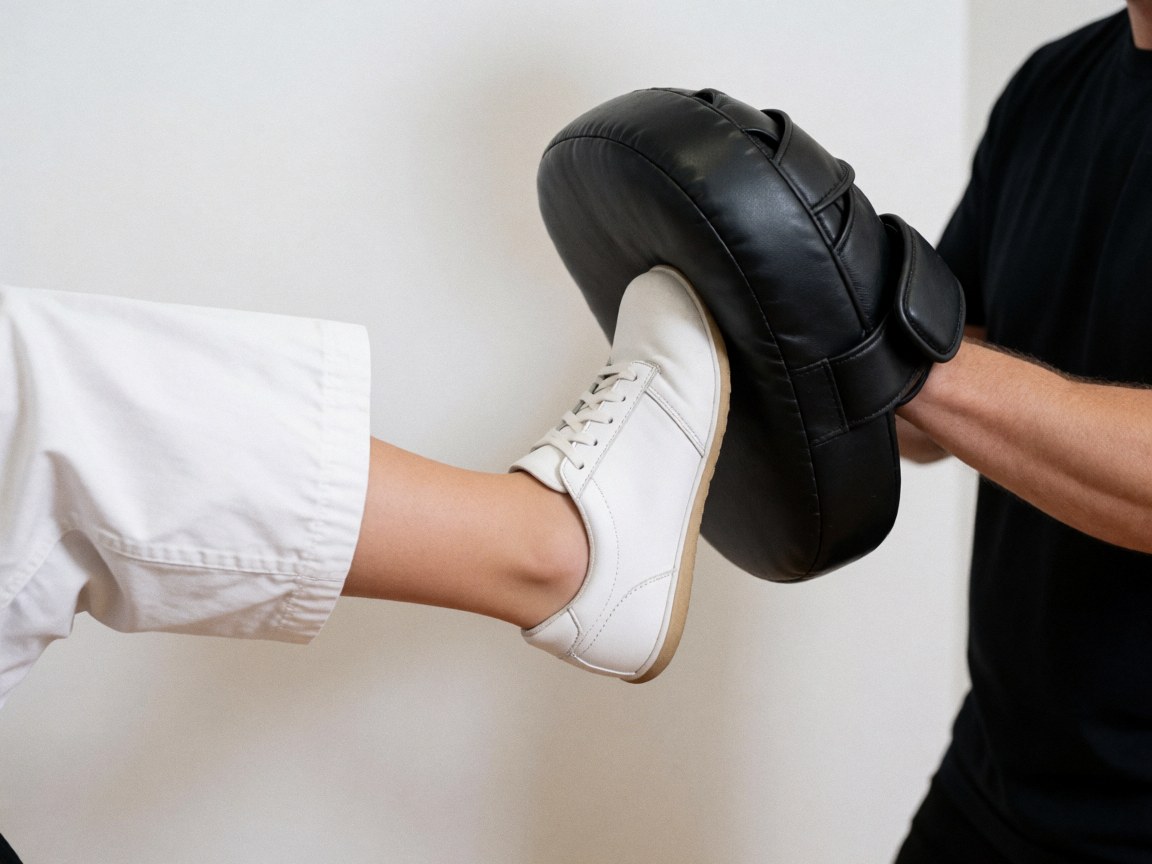 Un pied d'étudiant frappe un sac de frappe lors d'un entraînement, avec un mur blanc et une main tenant le sac.