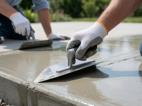 Une main portant un gant applique du béton frais sur un patio extérieur à l'aide d'une truelle métallique lors de travaux de construction.
