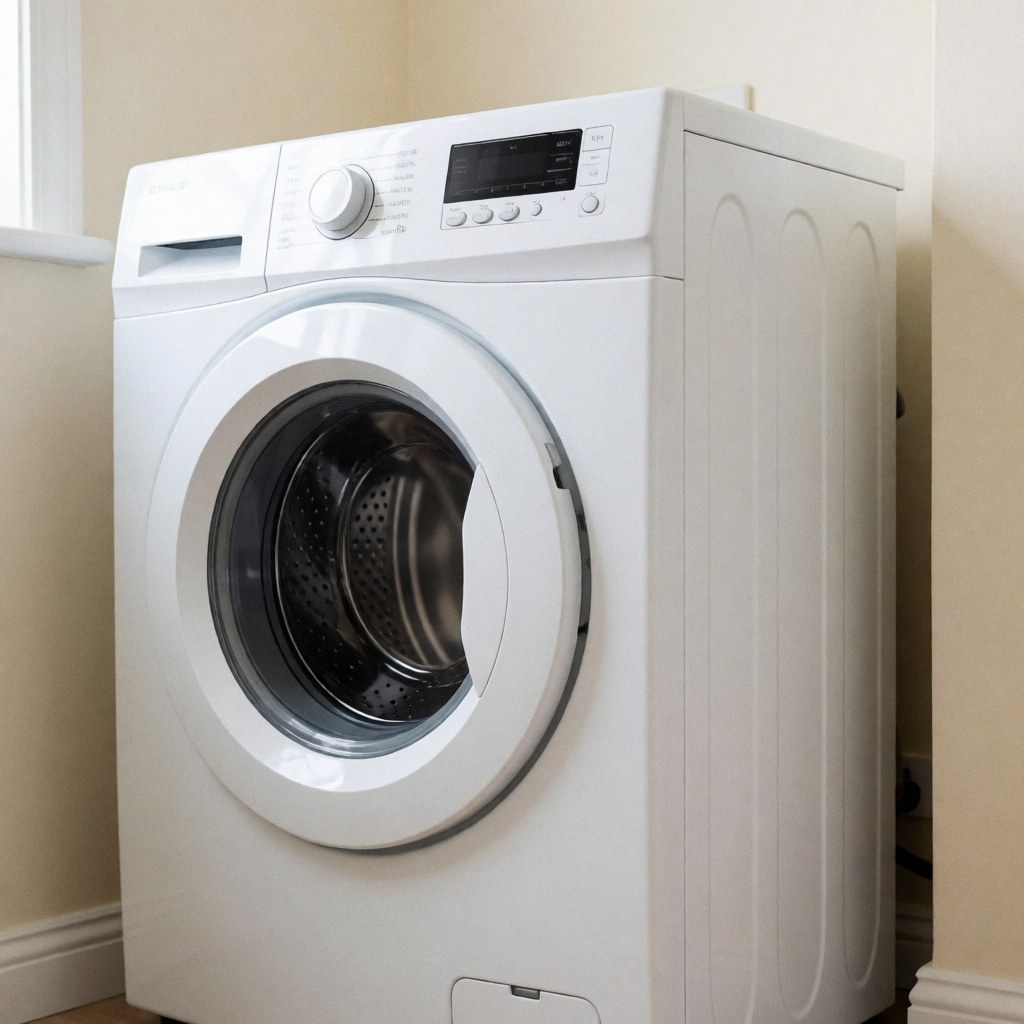 Machine à laver blanche avec porte fermée dans une pièce aux murs beige, idéale pour les services de réparation d'appareils électroménagers.