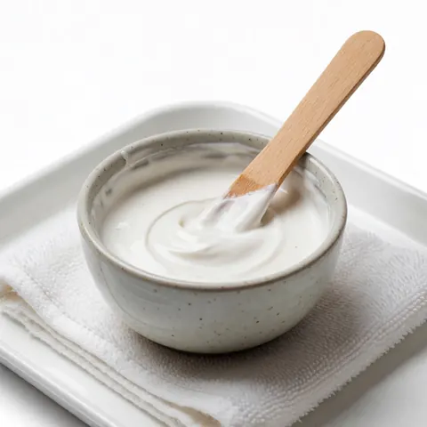 Masque facial blanc épais dans un bol en céramique avec spatule en bois sur serviette blanche, pour soin de la peau.