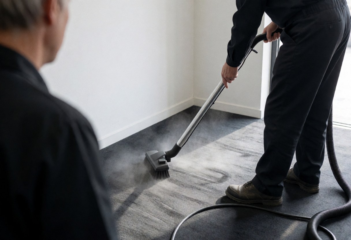 Un professionnel en uniforme sombre utilise un aspirateur pour nettoyer une moquette grise dans un espace aux murs blancs éclairé par la lumière naturelle.