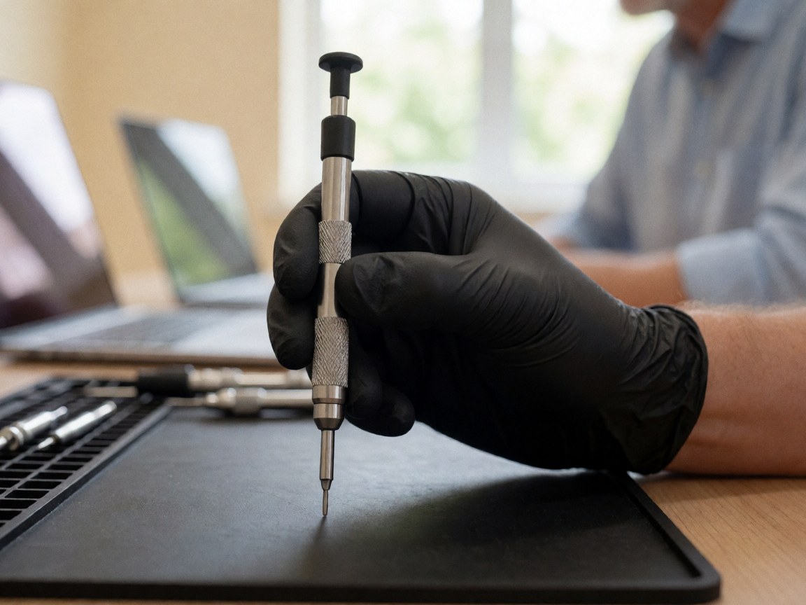 Main gantée tenant un tournevis sur une surface noire anti-décharge, avec un ordinateur portable en arrière-plan pour la réparation électronique.