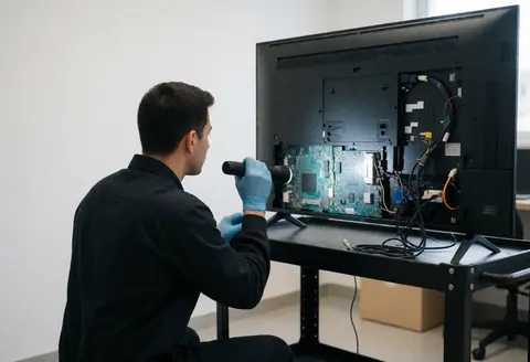 Technicien en gants inspectant les circuits internes d'un téléviseur de 55 pouces dans un atelier de réparation électronique.