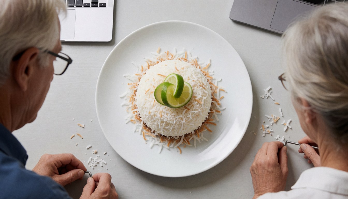 Deux personnes décorent un dessert à la coco garni de tranches de citron vert sur une table blanche, idéal pour un club de plage.