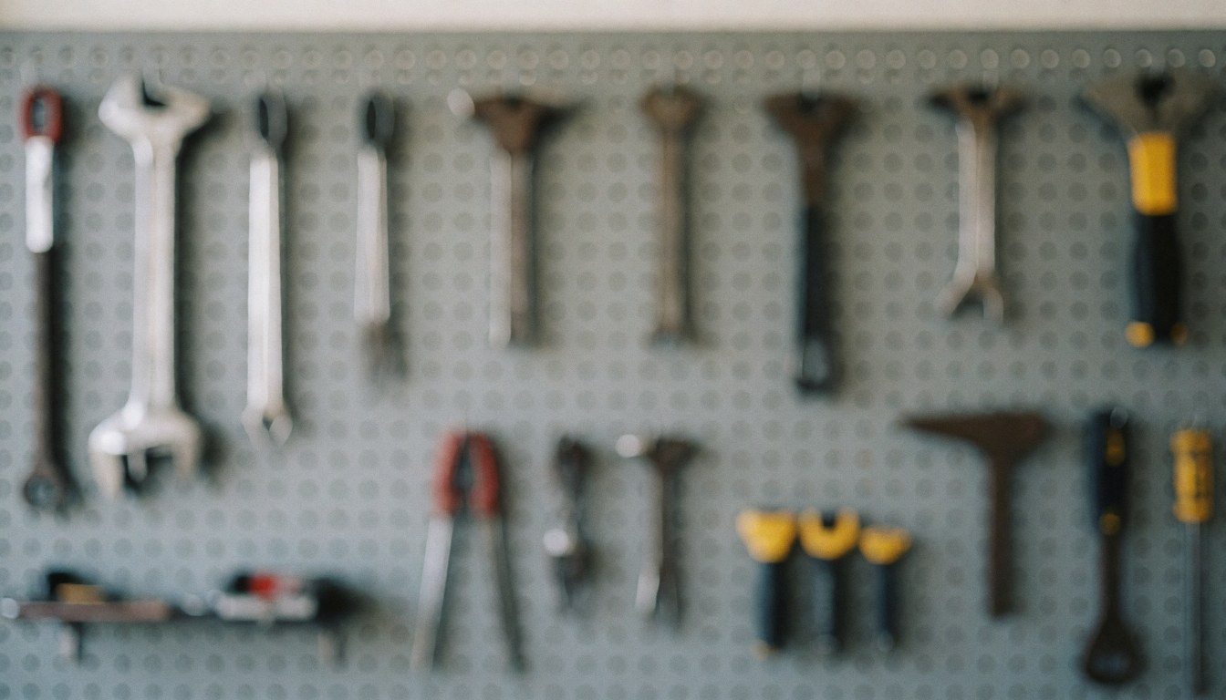 Fond flou d'outils suspendus sur un panneau mural gris, idéal pour illustrer les services de maintenance et de réparation.