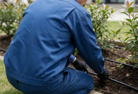 Un technicien en uniforme bleu, vu de dos et portant des gants, installe un tuyau d'irrigation dans un jardin résidentiel.