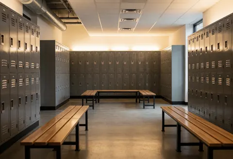 Vestiaire moderne et propre pour gymnase d'escalade, équipé de casiers métalliques, de bancs en bois et d'un sol en béton, prêt à l'emploi.