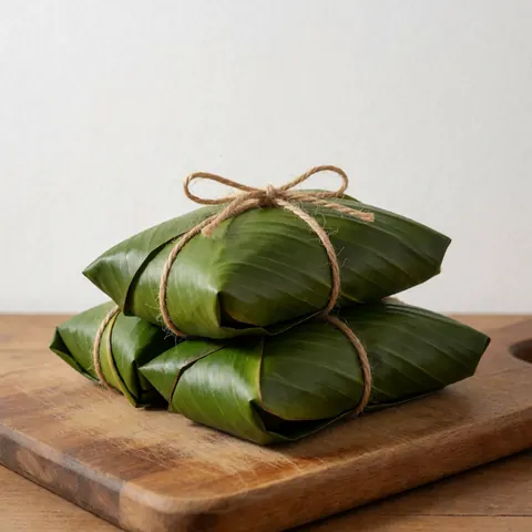 Deux tamales colombiens enveloppés dans des feuilles de maïs vertes et attachés avec une ficelle naturelle, posés sur un planche en bois.