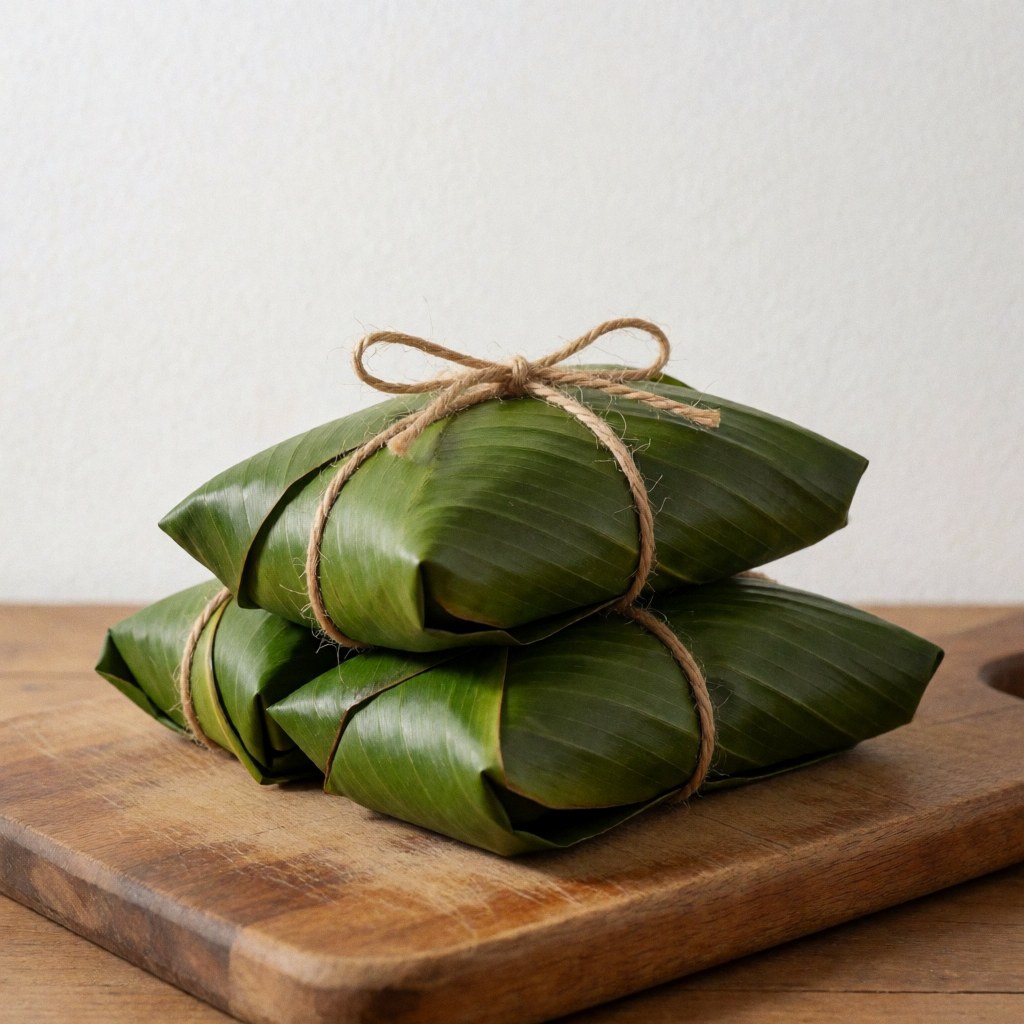 Deux tamales colombiens enveloppés dans des feuilles de maïs vertes et attachés avec une ficelle naturelle, posés sur un planche en bois.