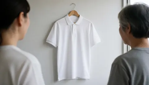 Un t-shirt blanc d'uniforme est suspendu sur un mur gris, éclairé par la lumière naturelle, idéal pour une école d'échecs.