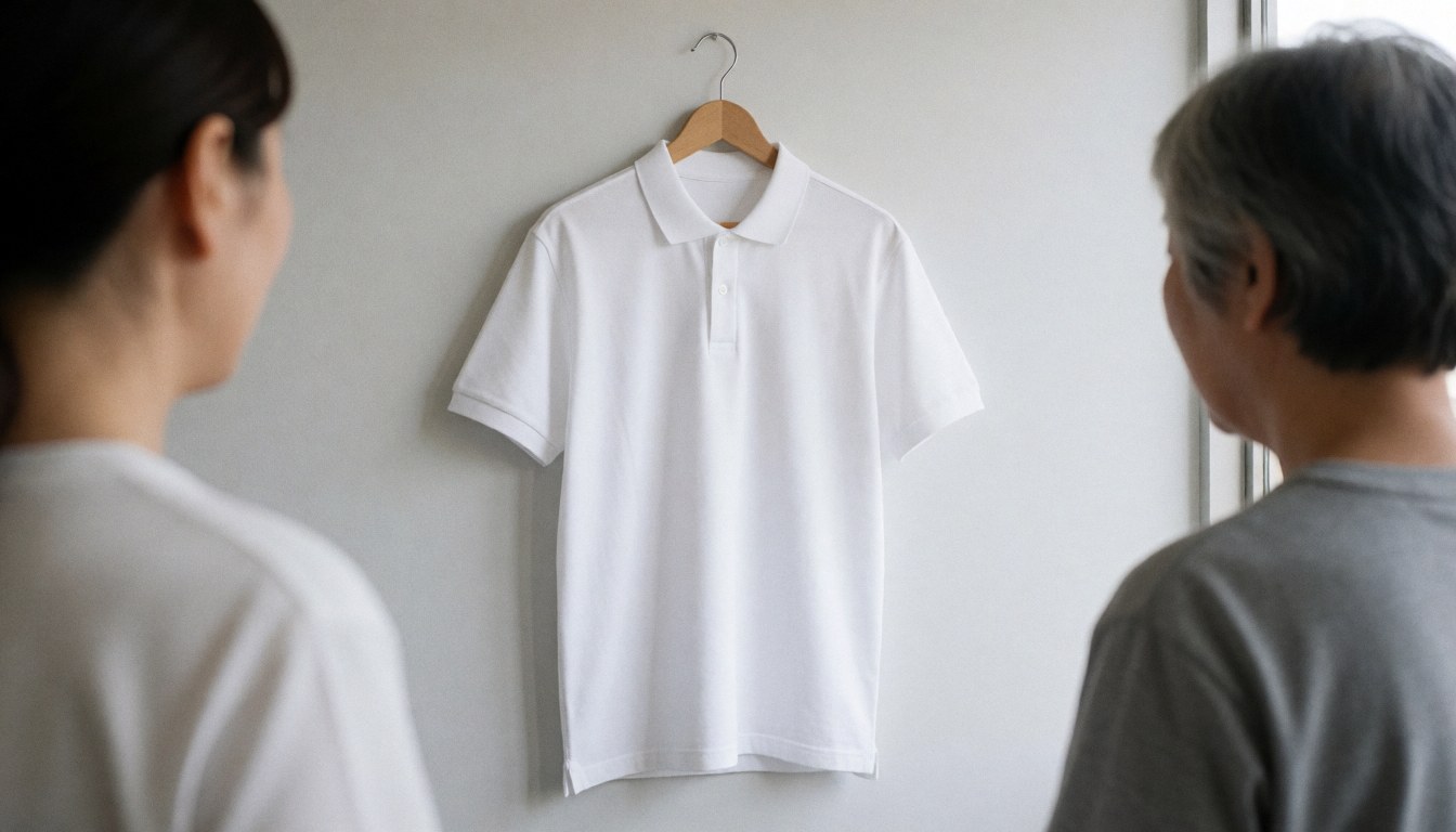Un t-shirt blanc d'uniforme est suspendu sur un mur gris, éclairé par la lumière naturelle, idéal pour une école d'échecs.