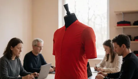 Mannequin noir portant un maillot de cyclisme rouge dans un bureau avec murs beige et lumière naturelle.