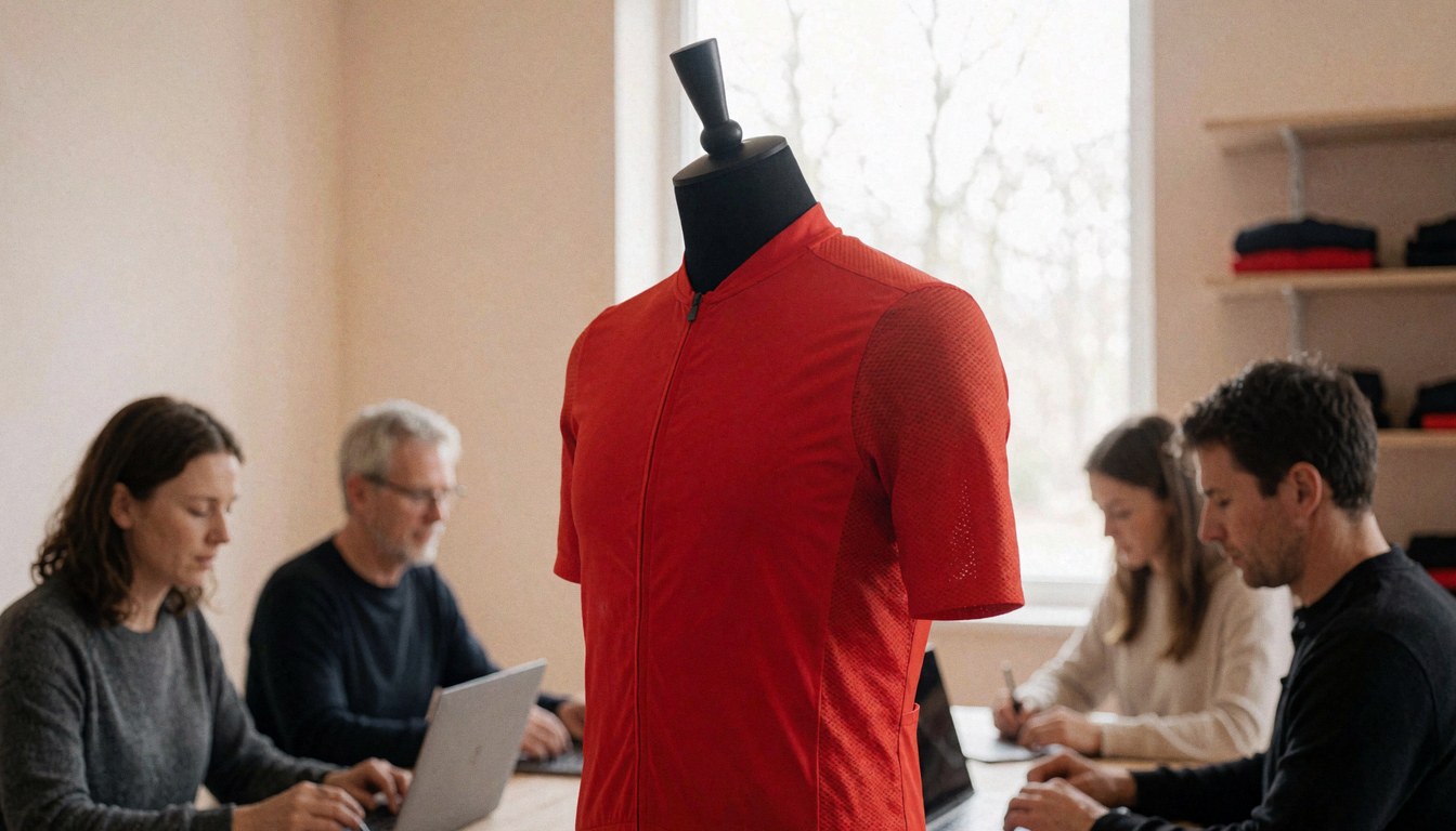 Mannequin noir portant un maillot de cyclisme rouge dans un bureau avec murs beige et lumière naturelle.
